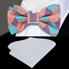 Choose From: Single Bow Tie Bow Tie and Pocket Square Material of Bow Tie and Pocket Square: 100% Silk Bow Tie Fits Neck Sizes: 14 - 22” Inches Choose From: Self Tie Pre Tied Pattern On Fabric: Geometric Color Of Fabric: Teal, Purple, Orange Fitted Purple Suit And Tie Accessories For Party, White Spring Party Bow Tie, Purple Bow Tie For Party, Purple Party Bow Tie, Spring Party Bow With Ties, Multicolor Bow Tie For Summer Gift, Spring Bow Ties For Party, Elegant Fitted Multicolor Bow Tie, Elegant Multicolor Bow Tie