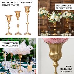 gold and white wedding centerpieces, champagne flutes, flowers, candlesticks