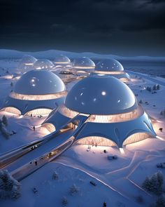 an artist's rendering of a futuristic city in the middle of snow covered ground