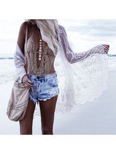 Boho Beachwear, Beach Cardigan, Look Boho Chic, Chique Outfit, Boho Mode, Lace Kimono, Marmaris, Hippie Outfits, Spring Style