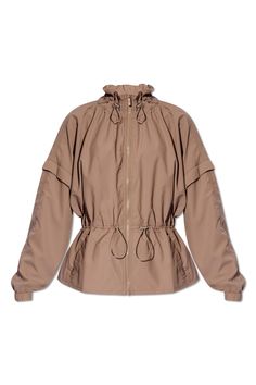 Beige 'Winny' jacket from UGG. Made from recycled material, this style fastens via a zip and features a logo patch on the front, two slip pockets, long sleeves with elasticated cuffs and a drawcord-adjustable standing collar and waist. Composition: 100% Recycled Polyester Athleisure Outerwear With Zip Cuffs For Fall, Fall Athleisure Outerwear With Zip Cuffs, Functional Drawstring Long Sleeve Outerwear For Winter, Nylon Outerwear With Drawstring For Fall, Fall Nylon Outerwear With Drawstring, Fall Nylon Outerwear With Functional Drawstring, Fall Outdoor Windbreaker With Zip Cuffs, Beige Sporty Track Jacket For Fall, Sporty Track Jacket With Drawstring For Fall