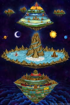 an alien ship floating on top of a body of water surrounded by mountains and planets