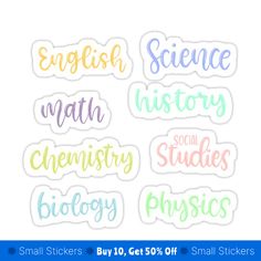 six stickers that say science, math, history, social studies, and physics