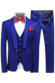 Beau Stylish Royal Blue Shawl Lapel Three Pieces Jacquard Men Suits For Wedding Flat Pants, Prom Tuxedo, Blue Shawl, Black Shawl, Dress Suits For Men, Prom Suits, Tuxedo Wedding, Slim Fit Suits, Classic Suit