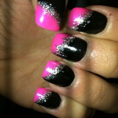 Neon Pink And Black Nails Design, Black Pink Silver Nails, Pink Black And Silver Nails, Black Nails With Pink Glitter, Black And Neon Pink Nails, Neon Pink And Black Nails, Pink And Black Nails, Pink Black Nails, Hot Pink Nails