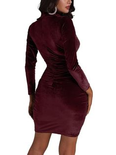 Material:90% Polyester & 10% Spandex. Features:Long sleeve. mock neck. ruched. solid color. velvet. asymmetrical hem. zipper. bodycon mini dress.Style:Party Chic Long Sleeve Velvet Dress With Ruched Detail, Chic Long Sleeve Ruched Velvet Dress, Fitted Knee-length Velvet Dress For Winter, Velvet Mini Dress For Winter Date Night, Winter Velvet Mini Dress For Date Night, Long Sleeve Velvet Dress For Night Out In Fall, Velvet Long Sleeve Dress For Fall Night Out, Fall Velvet Long Sleeve Dress For Night Out, Fitted Ruched Velvet Dress