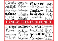 handwritten font bundle with red border and black lettering on the bottom right corner, in different