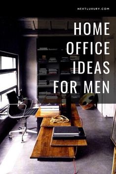 a home office with desks and chairs in front of a window that reads, home office ideas for men