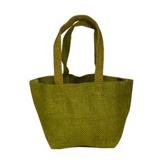 a large green bag with handles on the front and side, against a white background