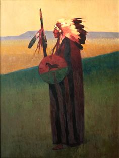 an oil painting of a native american man holding a feathered headdress in a field