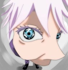 an anime character with white hair and blue eyes looking at the camera, while wearing purple