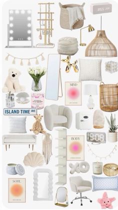 a collage of white furniture and accessories in pastel tones, including lamps, mirrors, lights, pillows, blankets, teddy