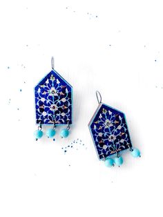 "AREZOO Persian ethnic earring is handcrafted and features a historic tile pattern from an old Persian architecture. This earring is the perfect Christmas / Valentine's day/ birthday gift for your friend, sister, mother, bridesmaid, loved one, or a special treat just for yourself . These polygonal earrings are digitally printed, laser cut from 4mm birch plywood and attached to brass toned hooks. The charm measures approximately 1\"W x 1 3/8\"H and the total length of the earring including the ho Traditional Turquoise Earrings As A Gift, Handmade Traditional Rectangular Earrings, Traditional Handmade Rectangular Earrings, Traditional Inlay Earrings As Gift, Traditional Inlay Earrings For Gift, Handmade Mediterranean Jewelry For Gift, Persian Earrings, Historic Tile, Persian Architecture