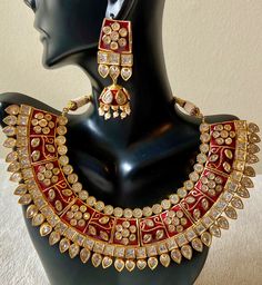 Gorgeous Dark Red Meenakari Polki Rajwada jewelry set. Comes with necklace, earrings, and maang tikka Luxury Ornate Meenakari Jewelry, Maang Tikka, 16 29, Ruby Necklace, Black Thread, Oct 30, American Diamond, Necklace Earrings, Dark Red