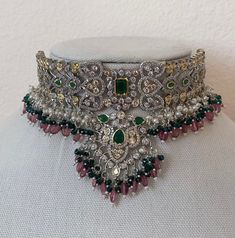 Sabyasachi Inspired Victorian Finish Dual Tone Choker Set with Pearls, Green, Red Stones and Beads - Silver Finish Base Festive Beaded Choker, Festive Beaded Choker For Diwali, Traditional Gold Embellished Necklace, Traditional Embellished Gold Necklace, Traditional Embellished Jewelry For Reception, Festive Embellished Jewelry For Receptions, Festive Embellished Jewelry For Reception, Traditional Embellished Wedding Necklaces, Festive Embellished Wedding Jewelry