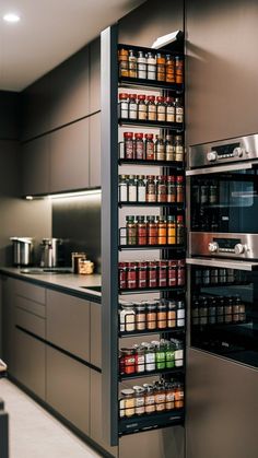 a kitchen with stainless steel cabinets and shelves filled with spices, condiments, and other items