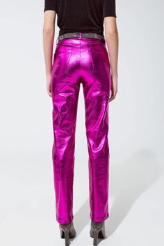 Step into the spotlight with our Super Trendy Straight Metallic Pants in the most beautiful fuchsia hue. These pants are a statement piece that effortlessly combines style and versatility, perfect for creating the trendiest looks.  The full-length design and standard fit make these pants a wardrobe staple suitable for various occasions. Whether you're heading to a party or looking to add a touch of glamour to your everyday ensemble, these metallic pants are the answer.  Crafted with a high waist for a flattering silhouette, the straight fit ensures a timeless and comfortable look. The metallic finish adds a bold and modern touch, making these pants a standout choice for those who love to make a fashion statement.  Equipped with five pockets for practicality, these pants are not just stylis Glamorous Purple Bottoms For Night Out, Pink Straight Leg Pants For Fall, Purple Party Trousers, Glamorous Pink Wide Leg Bottoms, Glamorous Fitted Purple Bottoms, Glamorous Pink Bottoms For Night Out, Glamorous Pink Summer Pants, Glamorous Pink Trousers, Fitted Straight Leg Pink Pants