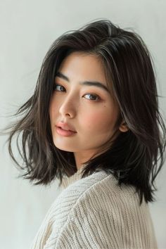 40 Trendsetting Medium-Length Layered Haircuts for 2024 - The Hairstyle Edit Bob For Asian Hair, Japanese Mid Length Hair, Mid Length Lob Straight, Wavy Layered Haircuts Medium, High Cheekbone Haircuts, Medium Length Haircut For Thick Hair Asian, Asian Bobs Haircuts, Shoulder Length Asian Hairstyles, Middle Part Women Hairstyles