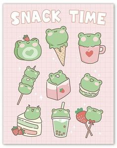 a poster with some food and drinks on it's back side, that says snack time