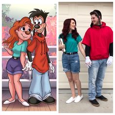 two people standing next to each other in front of a garage door and cartoon characters