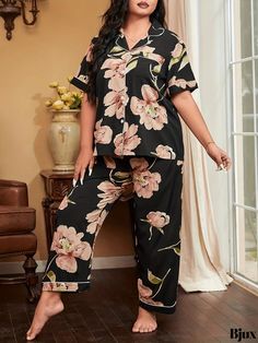 Bjux - Womens Plus Size Luxury Loungewear Set: Floral Print Button Up Short Sleeve Lapel Collar Pocketed Shirt & Pants Pajama Ensemble Casual Loungewear Sets With Button Closure, Loungewear Sets With Short Sleeves And Button Closure, Short Sleeve Loungewear Sets With Button Closure, Casual Sleep Sets With Buttons, Casual Sleepwear Sets With Buttons, Black Floral Print Loungewear Sets, Casual Sets With Button Closure For Daywear, Button-up Sets For Daywear With Buttons, Button-up Sets For Daywear