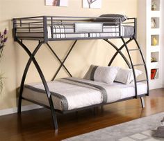 a metal bunk bed sitting on top of a hard wood floor