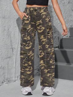 Teen Girl Fashionable Camouflage Pattern Jeans With Cargo-Style Cut Long Pants Army Green    Denim All Over Print Straight Leg Non-Stretch  Teen Girls Clothing, size features are:Bust: ,Length: ,Sleeve Length: Pattern Jeans, Collared Greens, Patterned Jeans, Girls Denim, Teen Girls, Girls Jeans, Long Pants, Girls Clothing