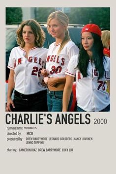 the poster for charlie's angels shows three girls in baseball uniforms and one is wearing a red cap