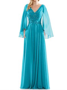 Jade Chiffon V-neck Mother Of The Bride Dress For Banquet, V-neck Chiffon Prom Dress In Georgette, Embellished Chiffon Dress, Formal Embellished Chiffon Dress, Long Sleeves Dress, Beaded Chiffon, Sleeves Dress, Beaded Applique, Mother Of The Bride Dress