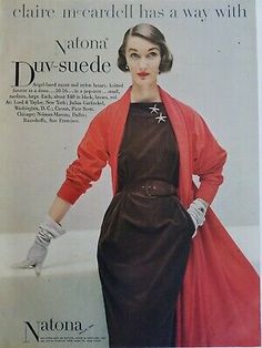 1951 Natona duv-suede women's Claire McCardell dress vintage fashion ad | eBay Claire Mccardell, 1950’s Fashion, Vintage Fashion 1950s, Fifties Fashion, Fashion 1950s, Vintage Fashion Photography, Suede Dress, Old Fashion, White Gloves