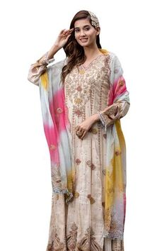 Beige anarkali with thread embroidered floral motifs, embellished by beads and cutwork. Comes with palazzo and shaded dupatta. - Aza Fashions Fusion Style Designer Sheer Dupatta, Designer Fusion Sheer Dupatta, Fusion Style Dupatta With Resham Embroidery For Festivals, Festive Fusion Style Designer Wear Dupatta, Festive Fusion Designer Wear Dupatta, Festive Fusion Style Sheer Dupatta, Fusion Style Dupatta With Zari Work For Eid, Fusion Style Dupatta With Resham Embroidery For Diwali, Fusion Style Semi-stitched Dupatta For Navratri