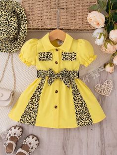 Baby Girls' Leopard Solid Color Spliced Printed Puff Sleeve Dress With Hat | SHEIN USA Dress With Hat, Kids Dress Shoes, Dress For Baby Girl, Letter Shirt, Baby Girls Dresses, Kids Dress Collection