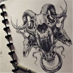 a drawing of some animals with horns on it's head and two skulls in the middle