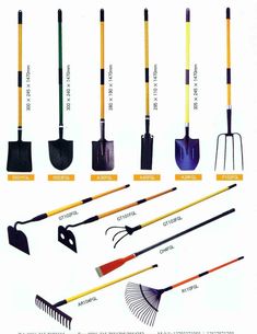 the different types of garden tools are shown in this diagram, including shovels and rakes