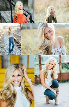 a collage of photos with blonde hair and blue jeans, posing for the camera