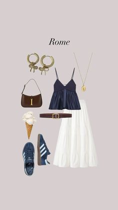 a woman's clothes and accessories including shoes, purses, and an ice cream cone