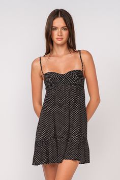 Black Polka Dot Dress Black Polka Dot Mini Dress, Polka Dot Sundress, Black Mini Dress Summer, Cute Mini Dresses Casual, Semi Formal Mini Dress, Polka Dot Dress Aesthetic, Kitteny Dress, Black Dress Outfit Ideas, Country Concert Dress