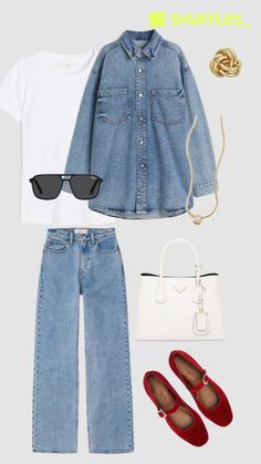 Created by corilbigheart on Shuffles Overshirt Women, Denim Overshirt, Looks Jeans, Casual Chic Outfit, Muslimah Fashion, Basic Outfits, Lookbook Outfits, Red Shoes, Outfits Casuales