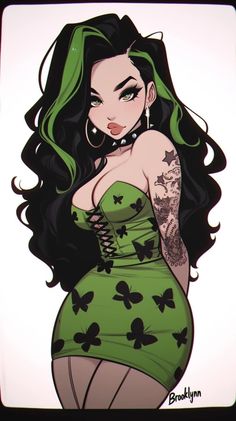 a drawing of a woman with green hair and tattoos on her arm, wearing a green dress