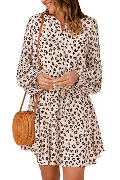 Leopard Print Shirt Mini Dress Casual Beige Long Sleeve Mini Dress, Casual Long Sleeve Mini Dress For Summer, Casual Long Sleeve Mini Dress For Day Out, Casual V-neck Shirt Dress For Fall, Casual Beige Shirt Dress For Spring, Relaxed Fit Mini Shirt Dress For Fall, Fall Relaxed Fit Mini Shirt Dress, Casual Beige Mini Dress, Casual Beige Shirt Dress With Relaxed Fit