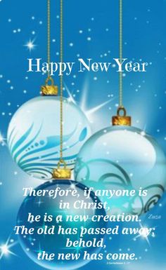 two christmas ornaments hanging from strings with the words happy new year