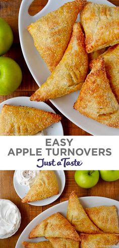 apple turnovers on plates with apples in the background and text overlay that reads easy apple turnovers just a taste