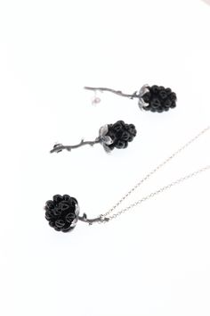 Blackberries  Set, in oxidized sterling silver and handcrafted black Murano pearls. They are born from the collaboration with the artisan glass laboratory Vitrea Glass Lab that created these worked Blackberries -shaped pearls for me, I made the silver components entirely by hand. The set consists of pendant earrings with realistic textured twigs and thorns and a pendant. The set is sold together or individually, the pendant is sold with a chain or individually, you can choose the option that sui Beads Earrings, Botanical Jewelry, Murano Glass Beads, Pendant Silver, Oxidized Sterling Silver, Pendant Earrings, Murano Glass, Blackberry, Beaded Earrings