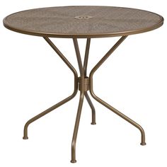 an outdoor table with metal legs and a round top, on a white background photo