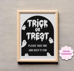 a black and white poster with the words trick or treat on it in front of a frame