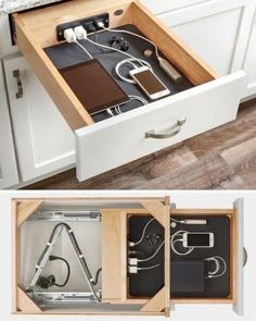 an open drawer is shown with various electronics in it and on the bottom, there are other items inside