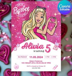 barbie birthday party flyer with pink hearts