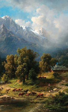 a painting of horses and cattle in a mountainous landscape