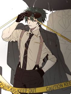 an anime character with green hair and suspenders standing in front of yellow caution tape