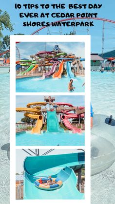 the water park with slides and waterslides for children to play in, and an advertisement